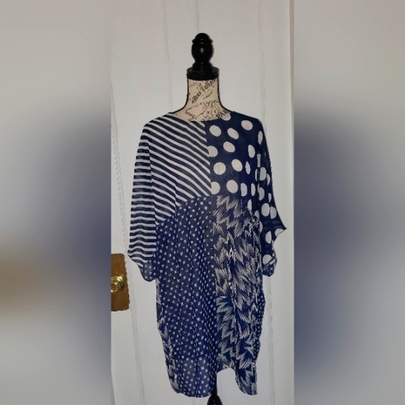 VINCE CAMUTO Women Long Chiffon Gown Top, Polkadot Striped Blue Patterned Top🌴 - Picture 1 of 5